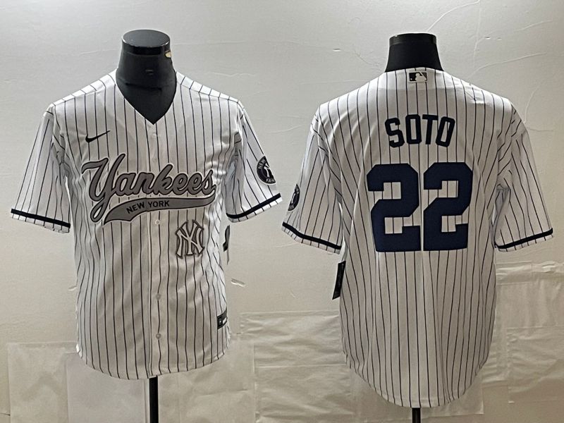 Men New York Yankees #22 Soto White stripe Game Nike 2023 MLB Jersey style 3